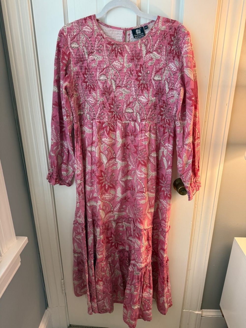Madison Mathews Pink Blockprint Long Sleeve Dress Large